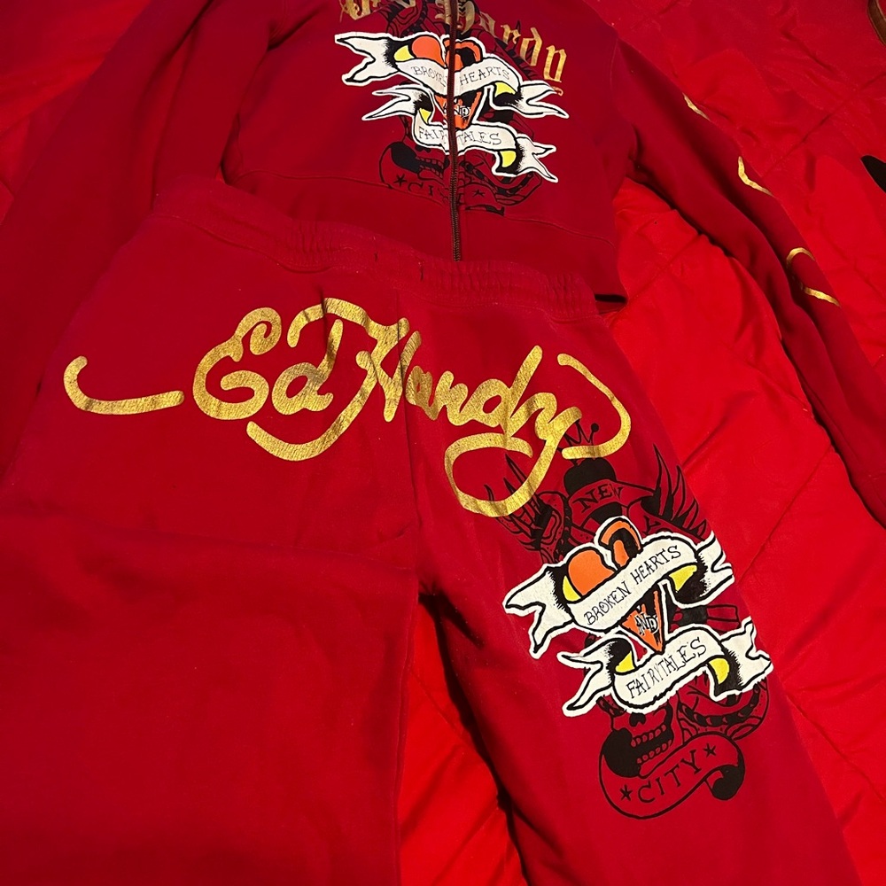 Ed Hardy Red Hoodie and Sweatpants Set with Gold Script